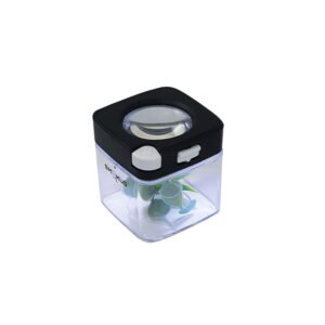 Container with magnifying glass